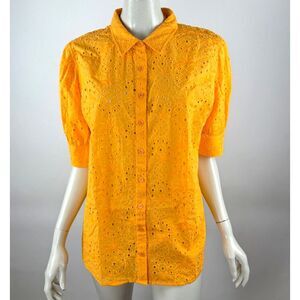 Chicos Pineapple Eyelet Shirt Women 2.5 US 14 NWT Button-up Short Sleeve Cotton‎